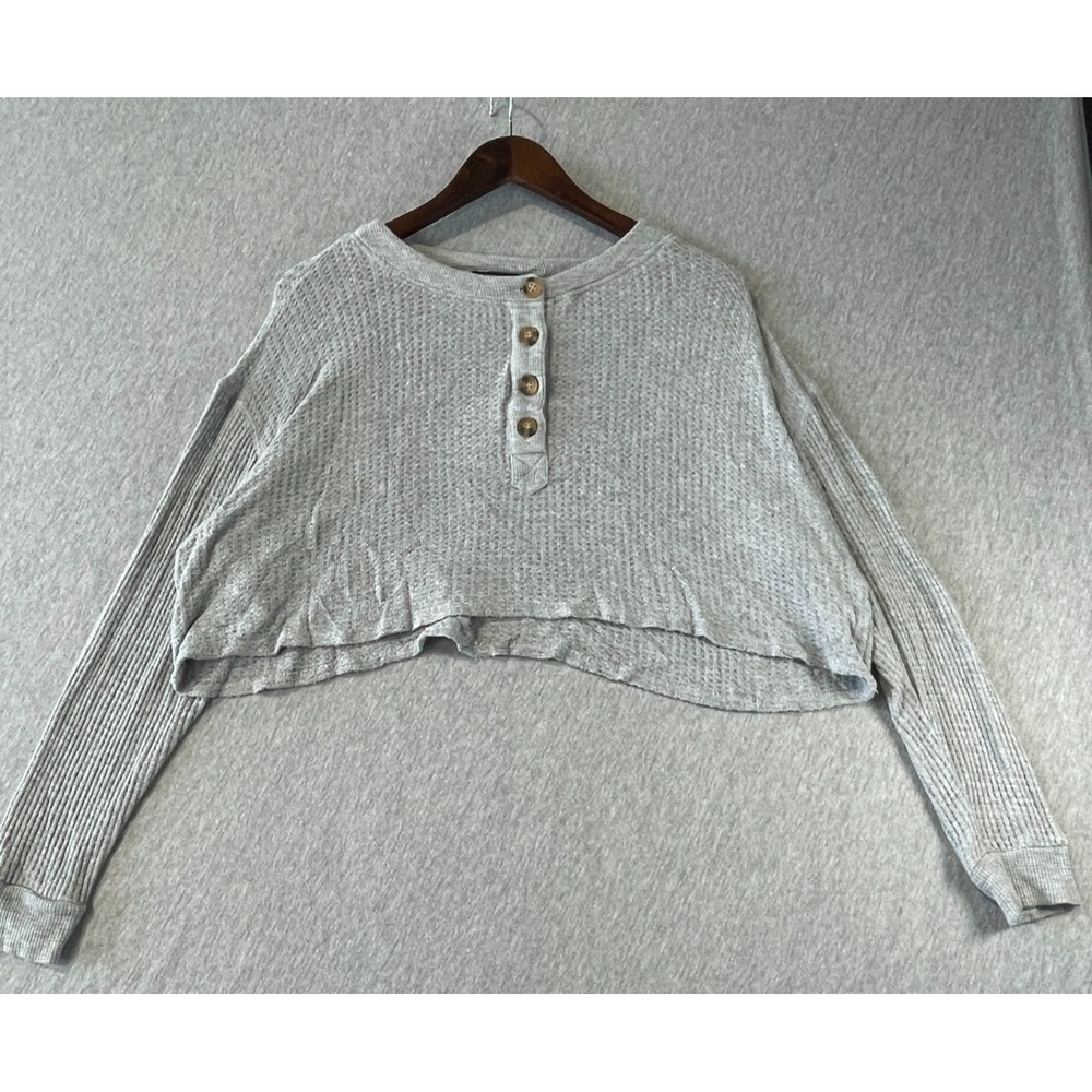 Forever 21 Waffle Knit Cropped Blouse Top Womens Medium Gray Rayon Henley Neck